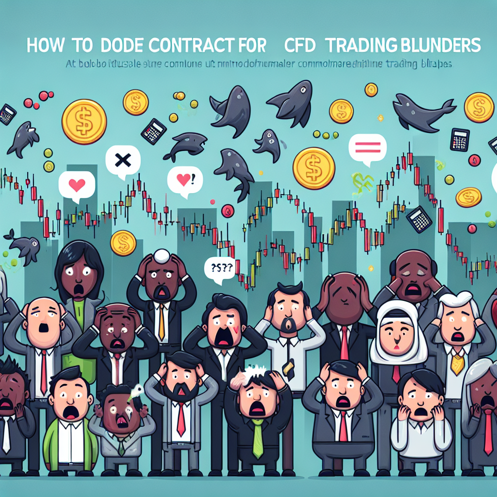 A playful flat illustration showing a group of diverse new CFD traders surrounded by humorous representations of common trading mistakes, with subtle financial motifs like charts and currency symbols in the background.