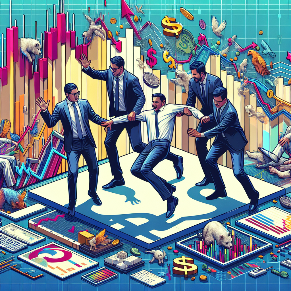 A playful flat illustration depicting a diverse group of new CFD traders encountering common mistakes, surrounded by subtle financial motifs like charts, coins, and trading screens.